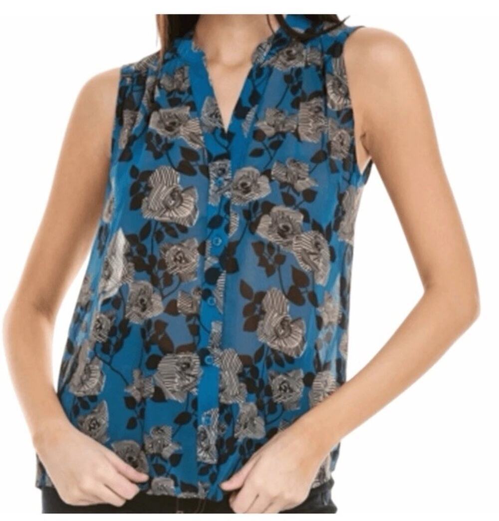 CABI Women’s Blue Black Floral Sleeveless Engrave Top Medium Style #4180 CL
